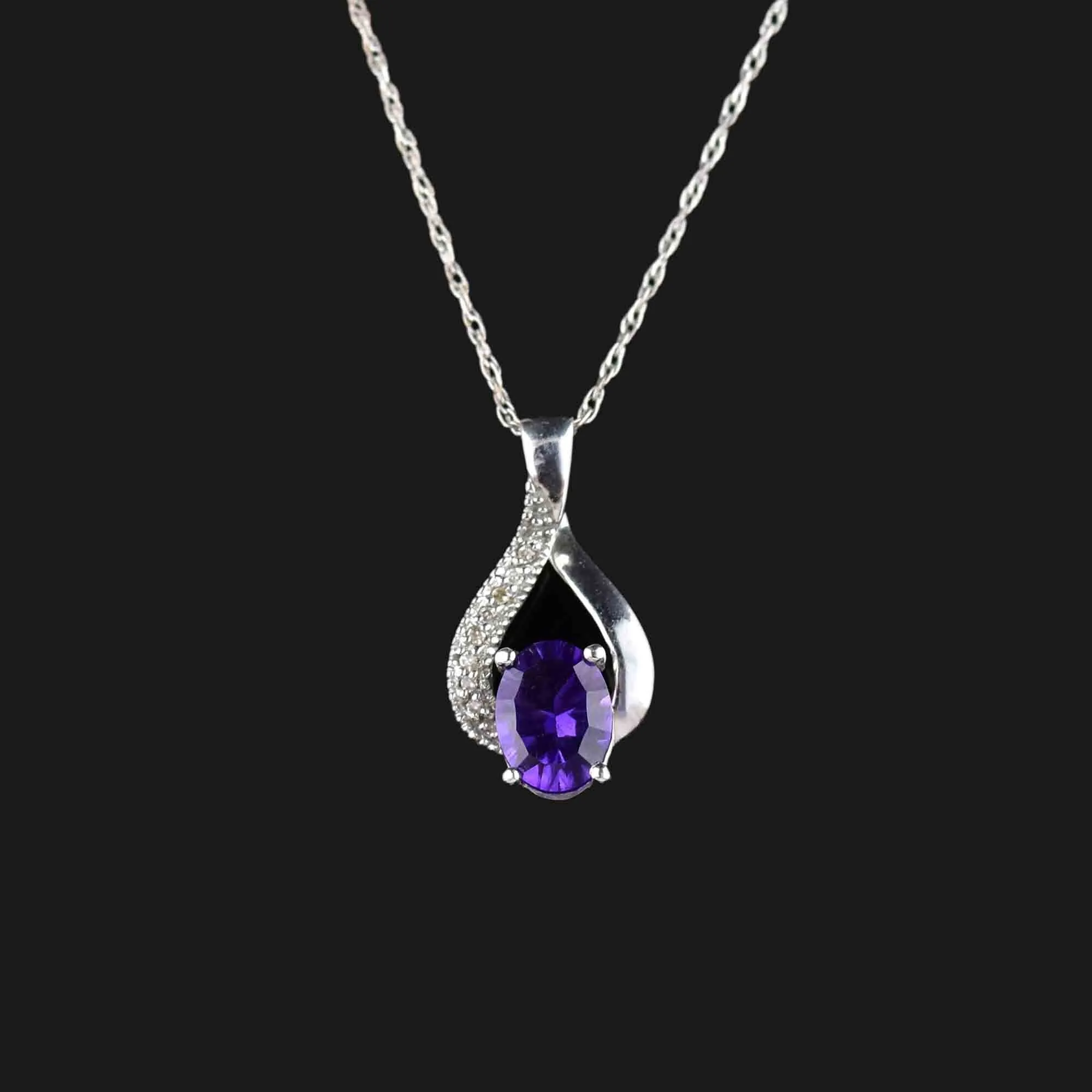 Vintage 10K White Gold Amethyst Diamond Pendant Necklace
