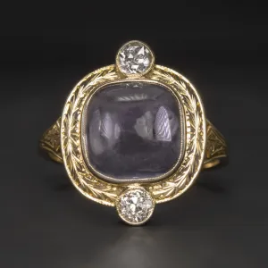 VINTAGE AMETHYST DIAMOND COCKTAIL RING HAND ENGRAVED 14k YELLOW GOLD CABOCHON