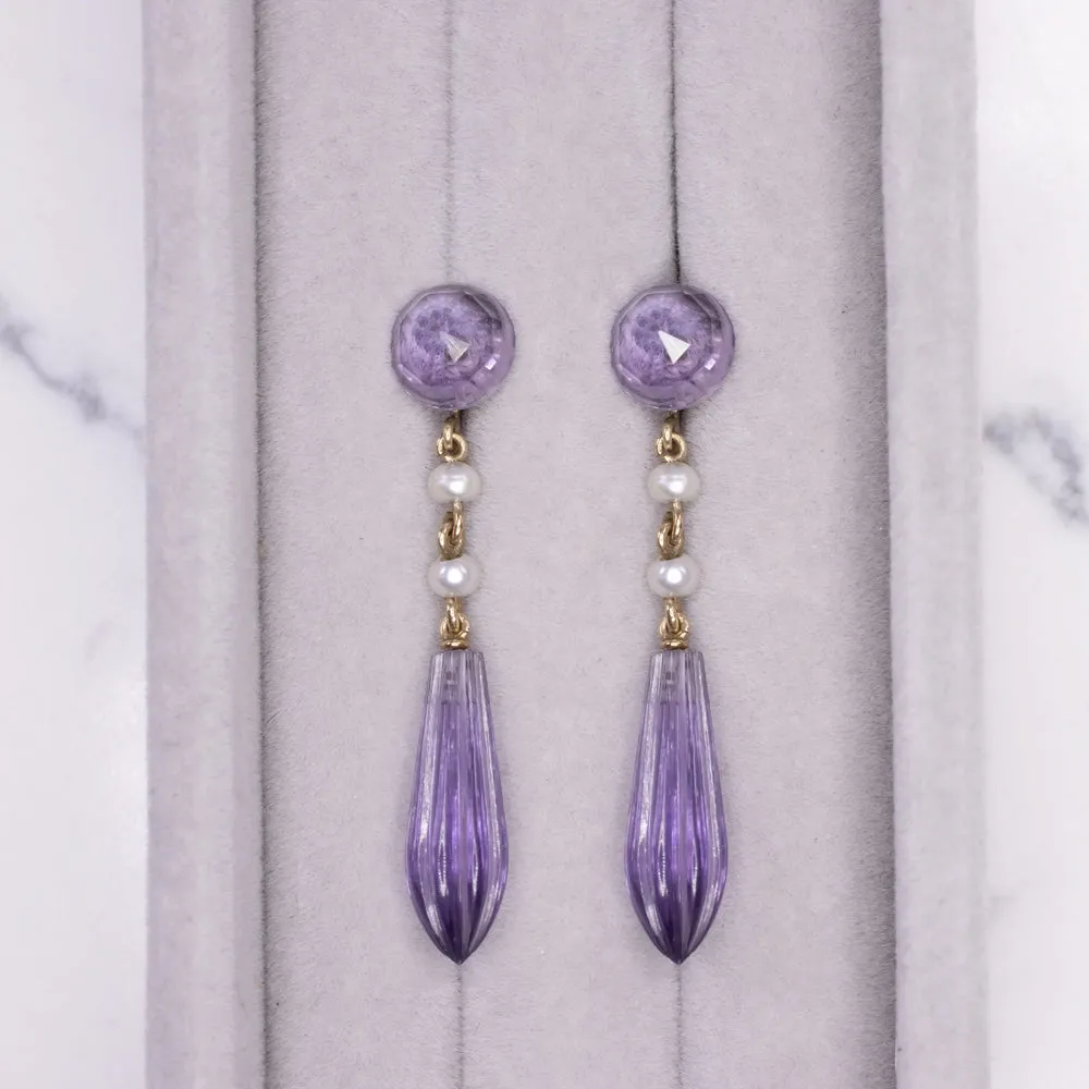 VINTAGE AMETHYST PEARL EARRINGS 14k YELLOW GOLD PURPLE CARVED LONG DROP DANGLE