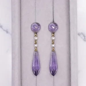 VINTAGE AMETHYST PEARL EARRINGS 14k YELLOW GOLD PURPLE CARVED LONG DROP DANGLE