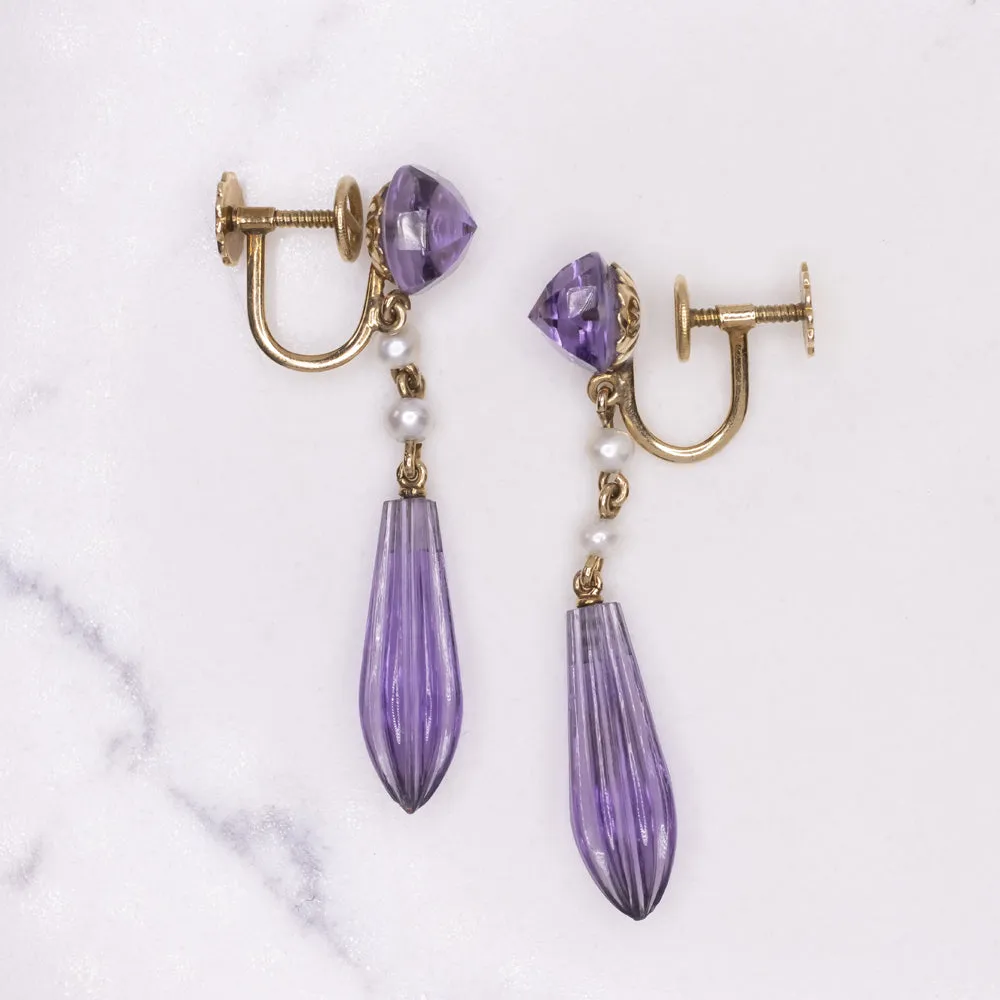 VINTAGE AMETHYST PEARL EARRINGS 14k YELLOW GOLD PURPLE CARVED LONG DROP DANGLE