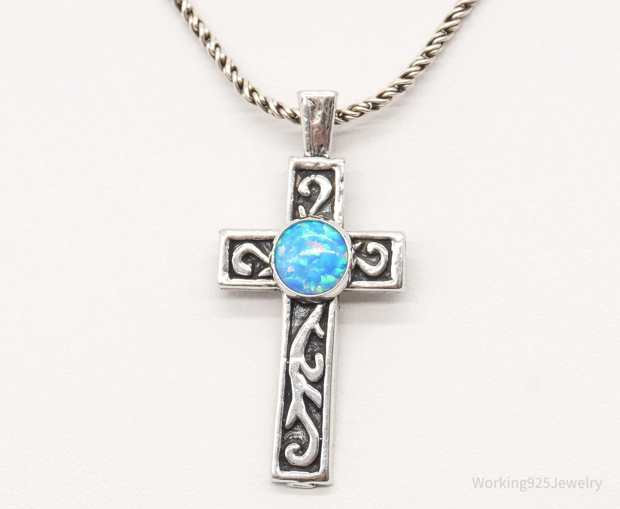 Vintage Blue Opal Sterling Silver Cross Necklace