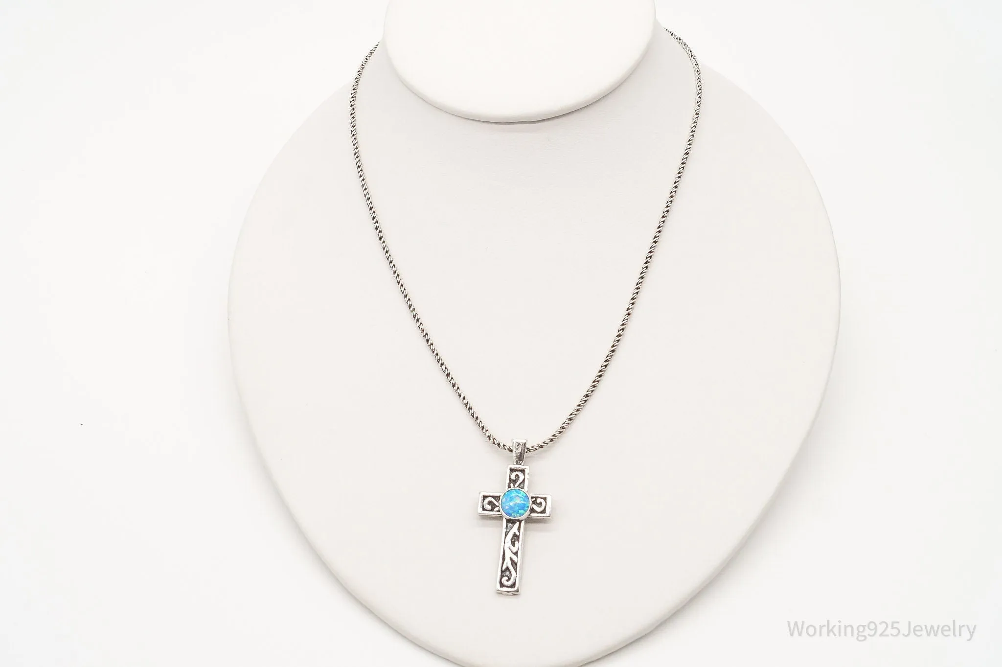 Vintage Blue Opal Sterling Silver Cross Necklace