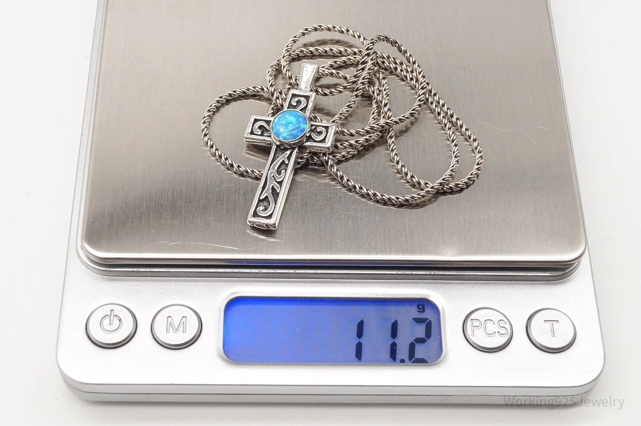 Vintage Blue Opal Sterling Silver Cross Necklace