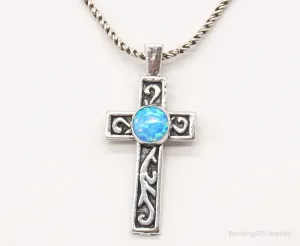 Vintage Blue Opal Sterling Silver Cross Necklace