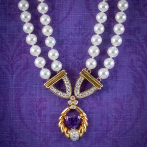 Vintage Pearl Diamond Lavaliere Necklace Amethyst Heart Circa 1960