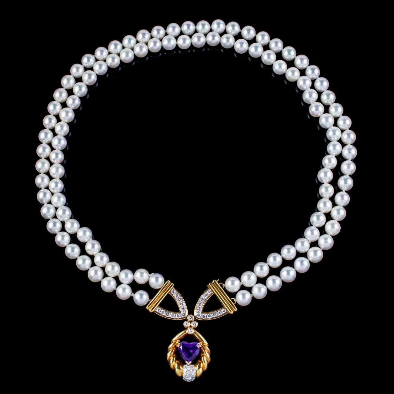Vintage Pearl Diamond Lavaliere Necklace Amethyst Heart Circa 1960
