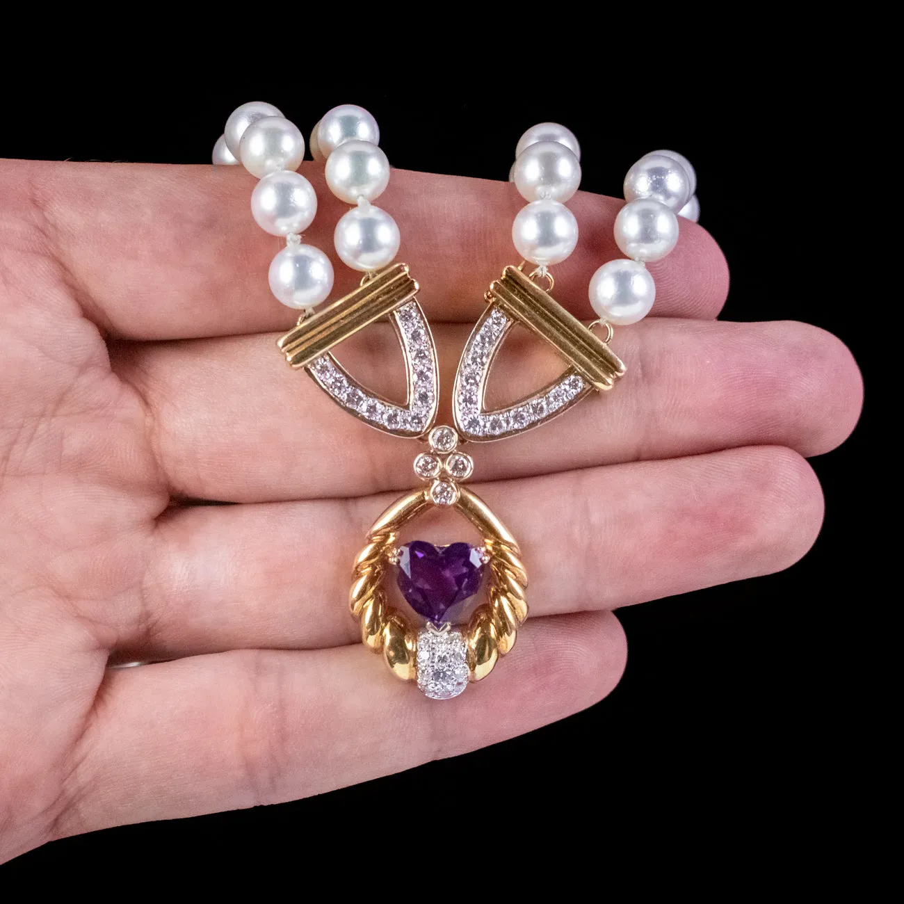 Vintage Pearl Diamond Lavaliere Necklace Amethyst Heart Circa 1960