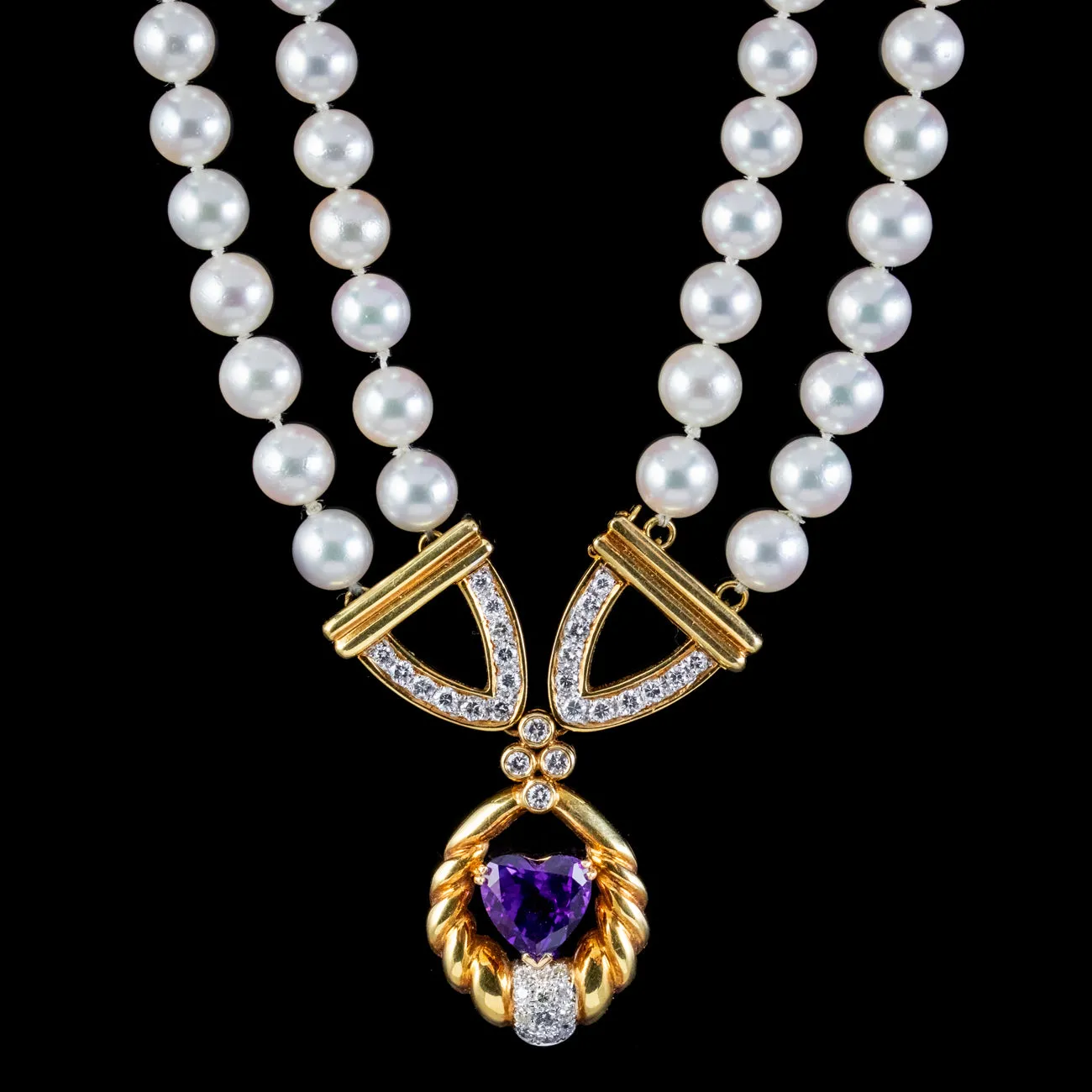 Vintage Pearl Diamond Lavaliere Necklace Amethyst Heart Circa 1960