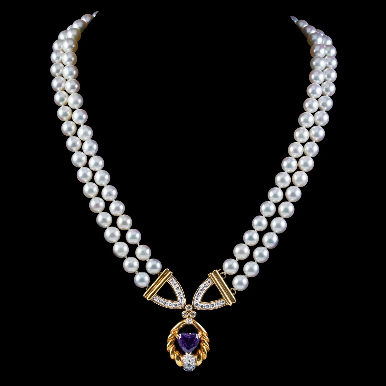 Vintage Pearl Diamond Lavaliere Necklace Amethyst Heart Circa 1960