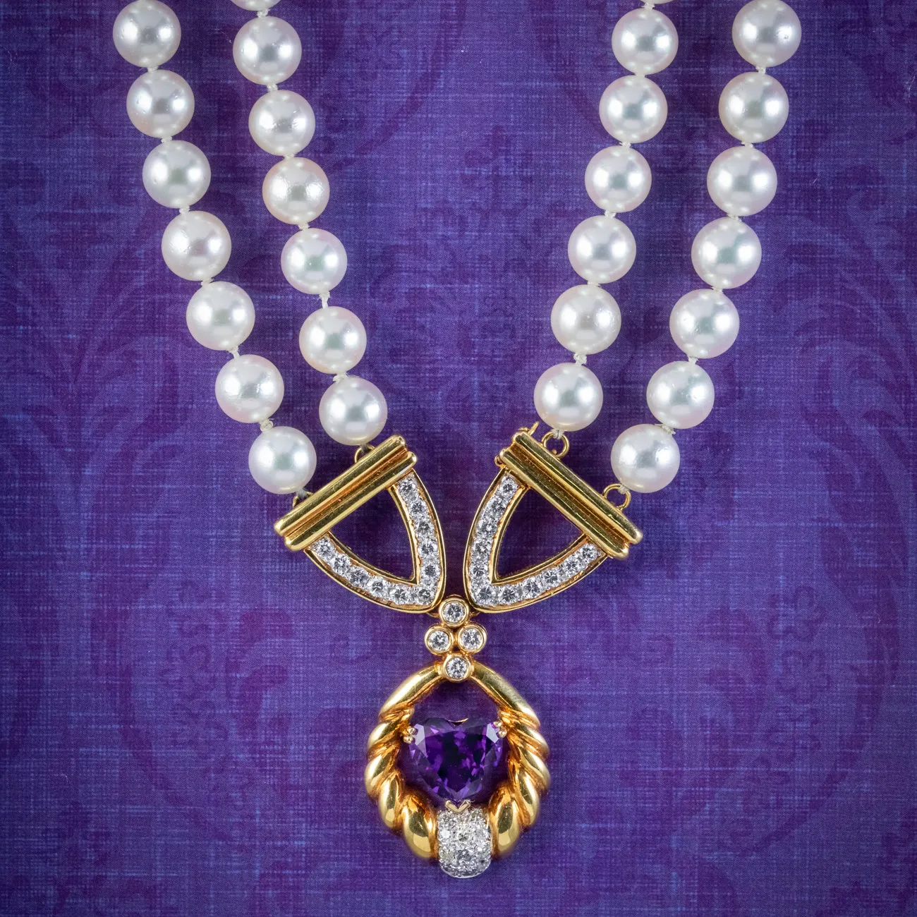 Vintage Pearl Diamond Lavaliere Necklace Amethyst Heart Circa 1960