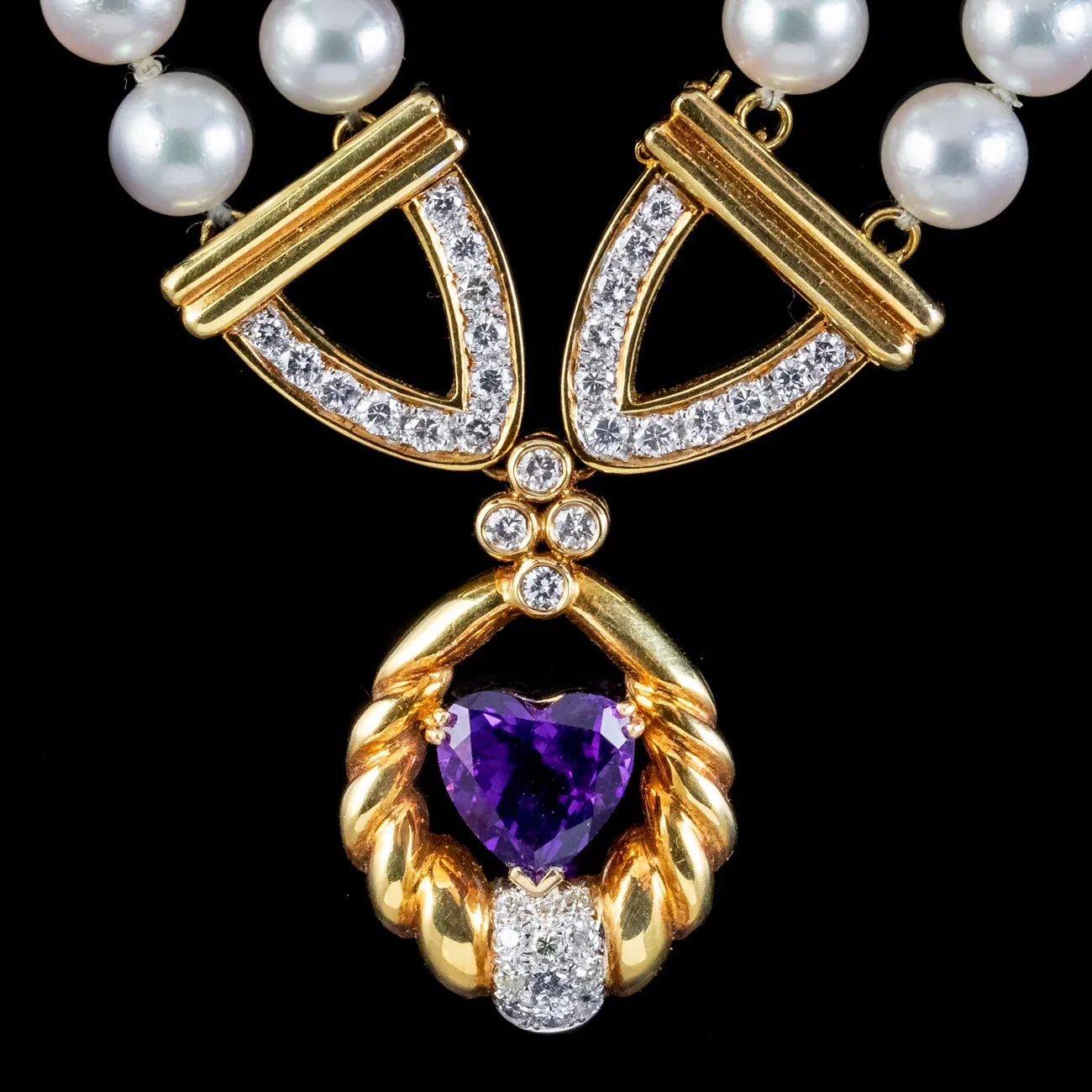 Vintage Pearl Diamond Lavaliere Necklace Amethyst Heart Circa 1960
