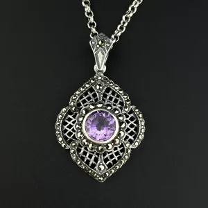 Vintage Silver Art Deco Amethyst Marcasite Pendant Necklace