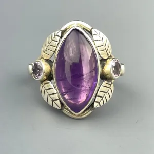 Vintage Silver Leaf Amethyst Cabochon Arts and Crafts Style Ring, Sz 7 3/4