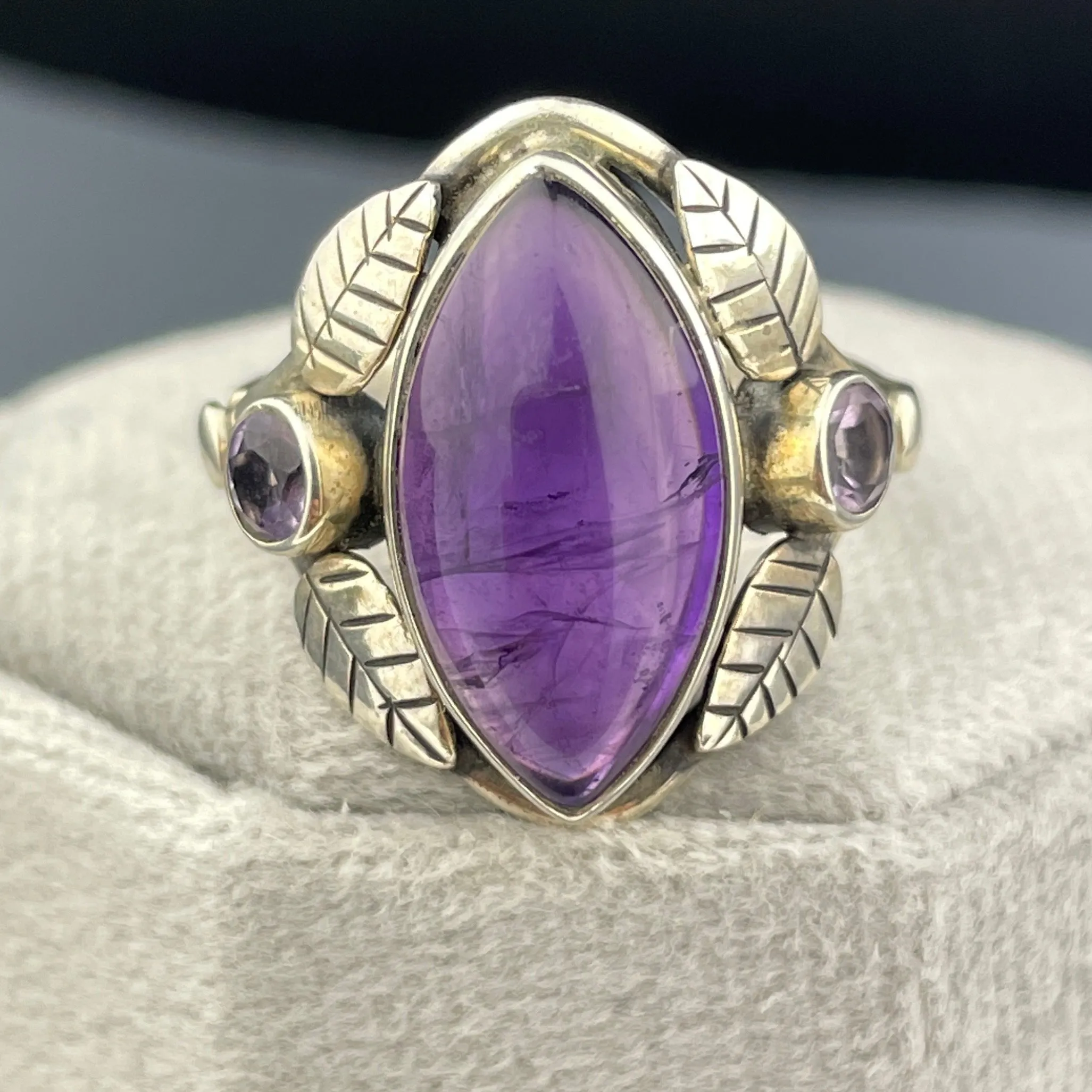 Vintage Silver Leaf Amethyst Cabochon Arts and Crafts Style Ring, Sz 7 3/4