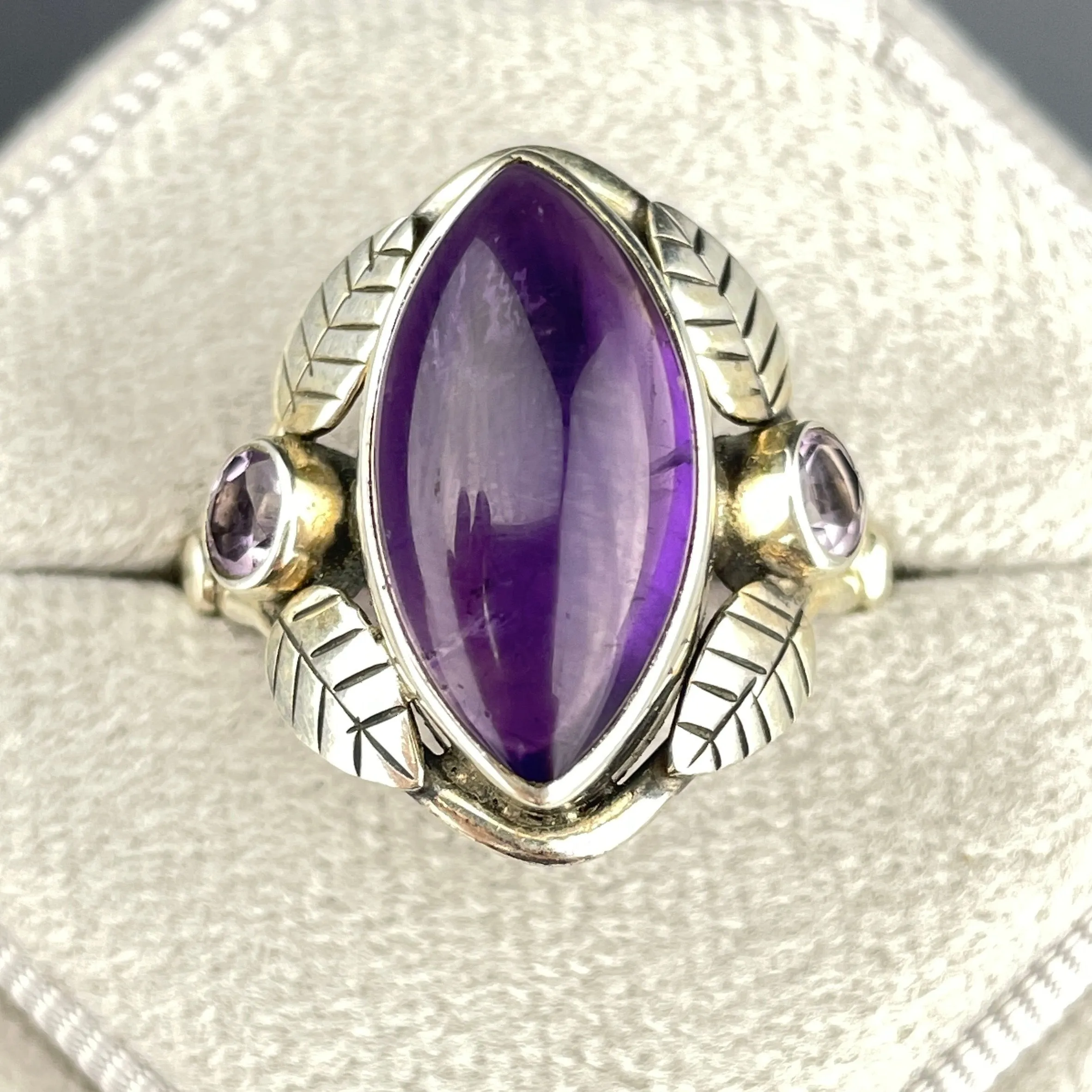 Vintage Silver Leaf Amethyst Cabochon Arts and Crafts Style Ring, Sz 7 3/4