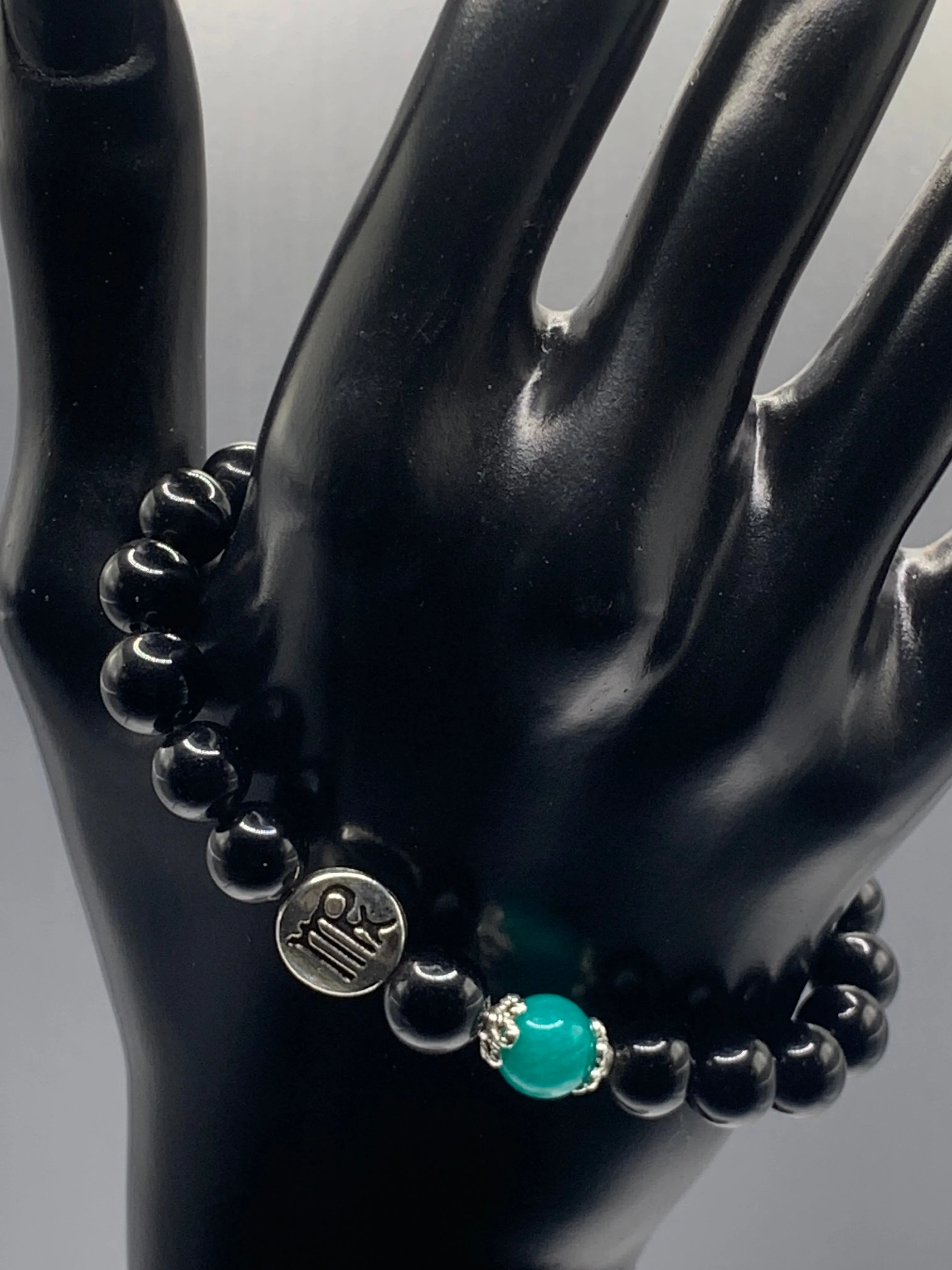 Virgo Zodiac black obsidian with aquamarine chalcedony semi precious stone/crystal elastic beaded bracelet with silver accents