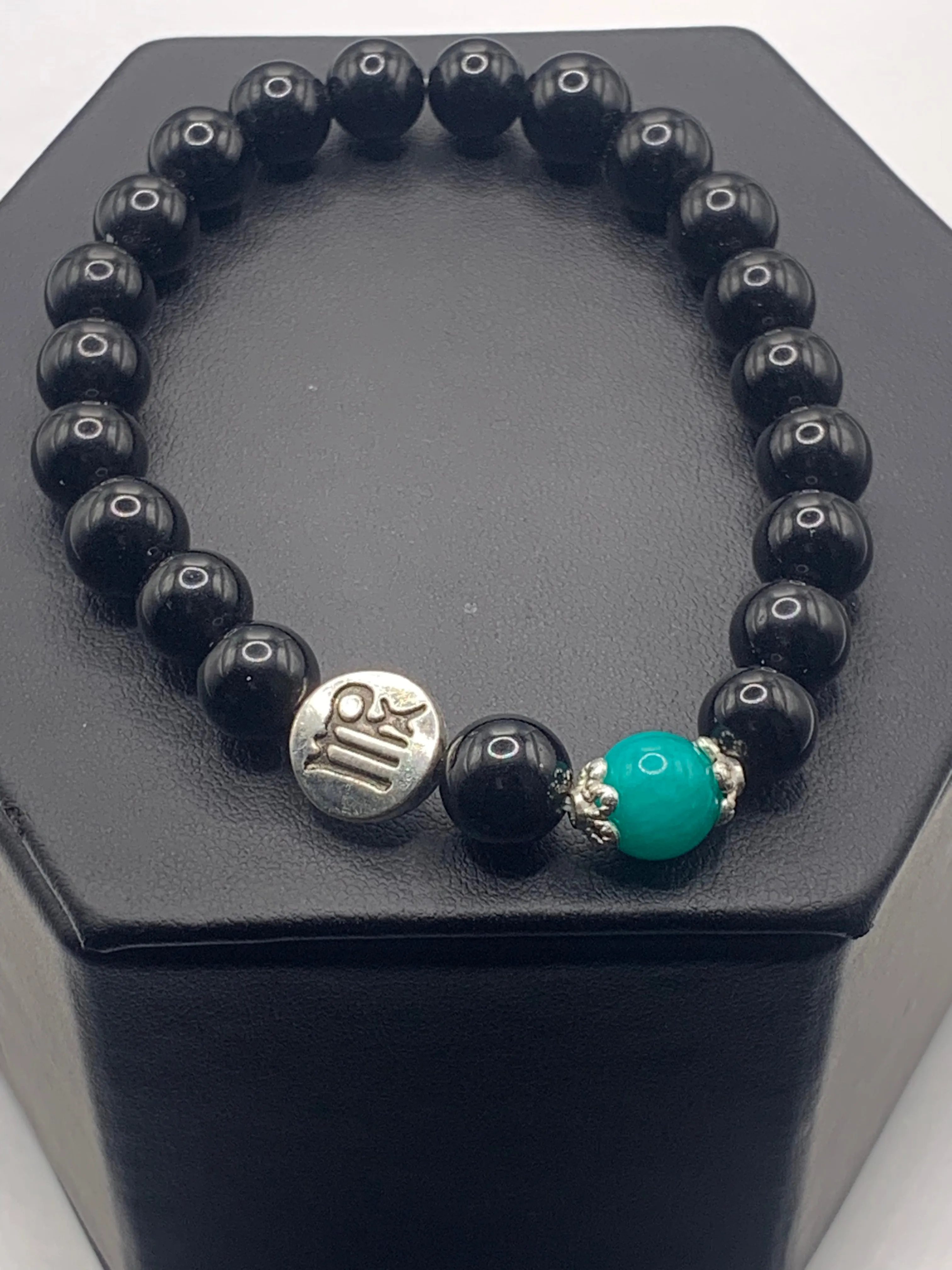 Virgo Zodiac black obsidian with aquamarine chalcedony semi precious stone/crystal elastic beaded bracelet with silver accents