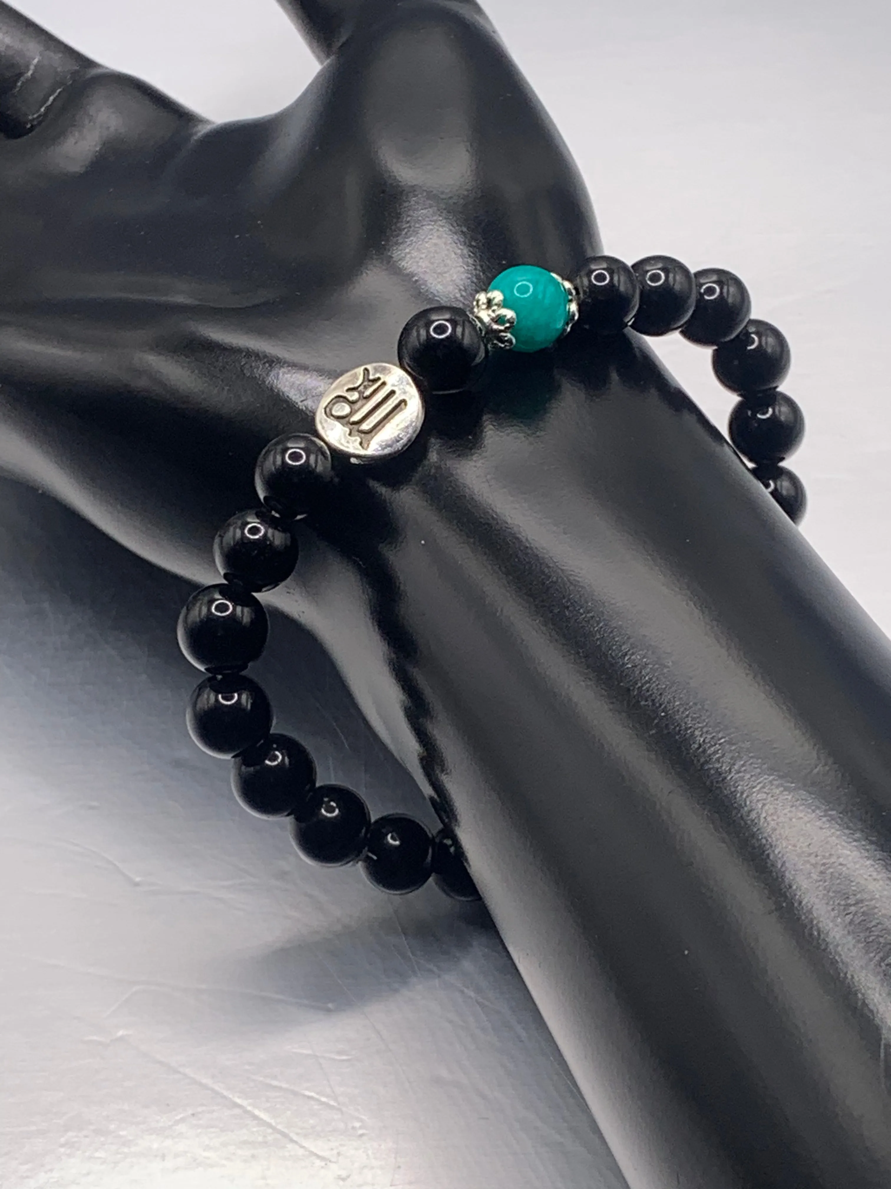 Virgo Zodiac black obsidian with aquamarine chalcedony semi precious stone/crystal elastic beaded bracelet with silver accents