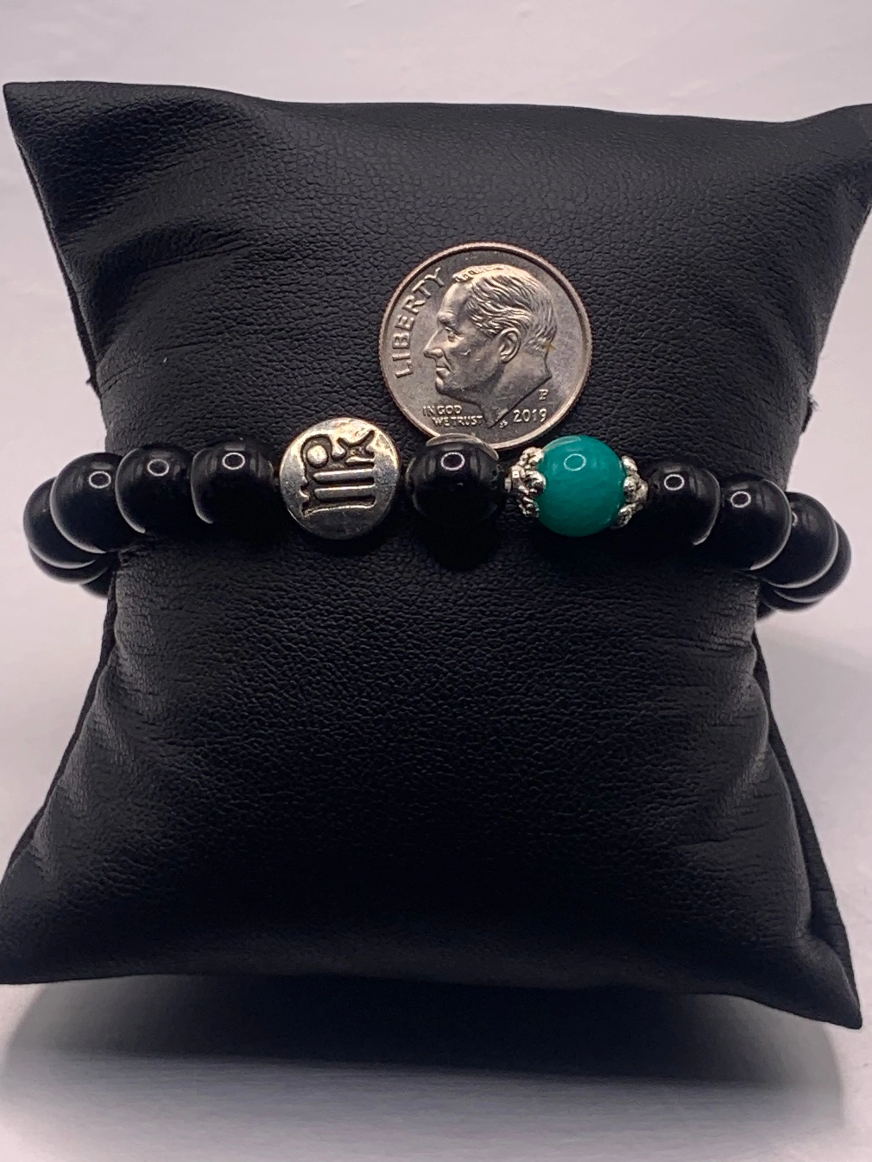 Virgo Zodiac black obsidian with aquamarine chalcedony semi precious stone/crystal elastic beaded bracelet with silver accents