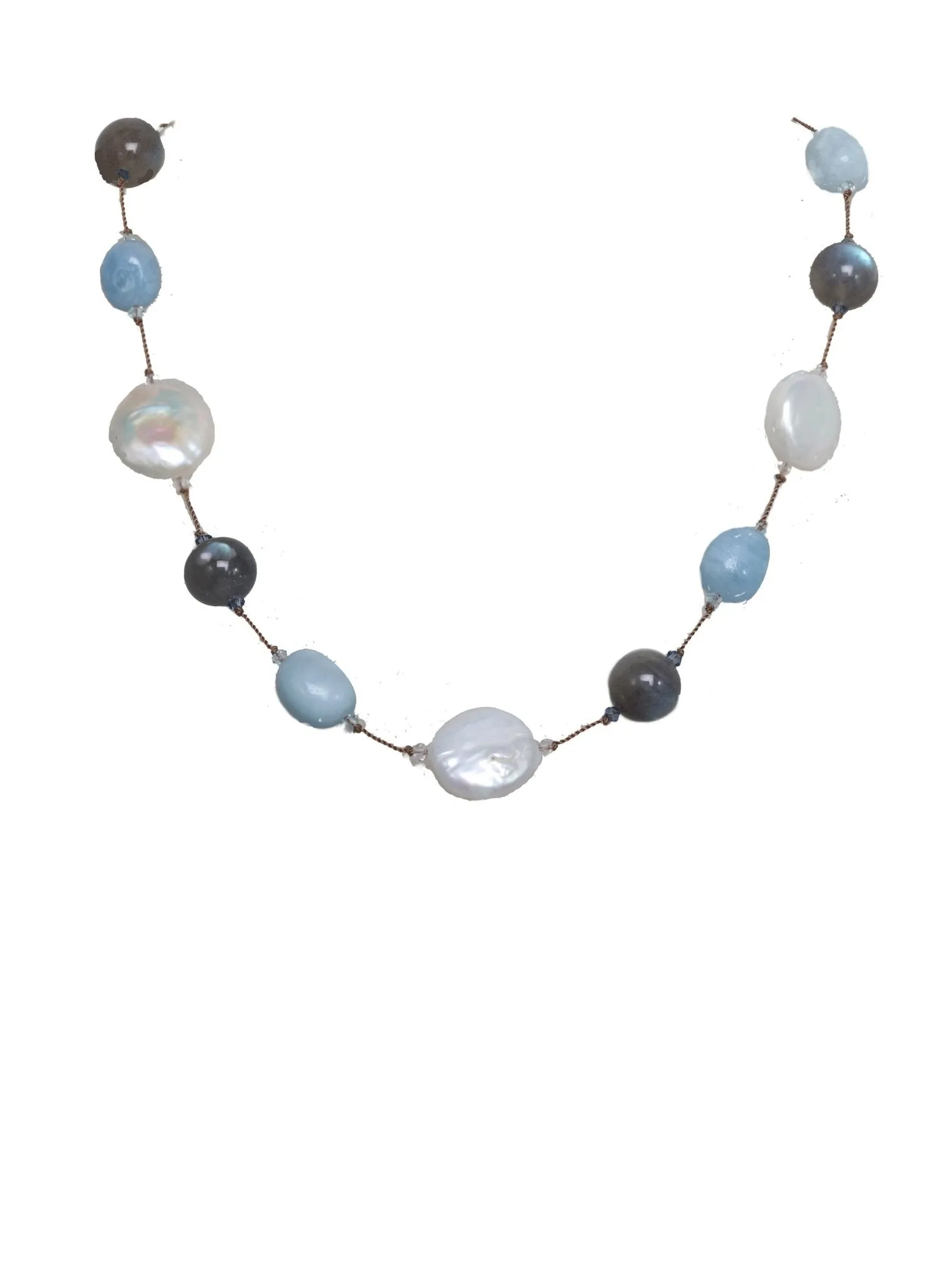 White coin pearl, labradorite, aquamarine