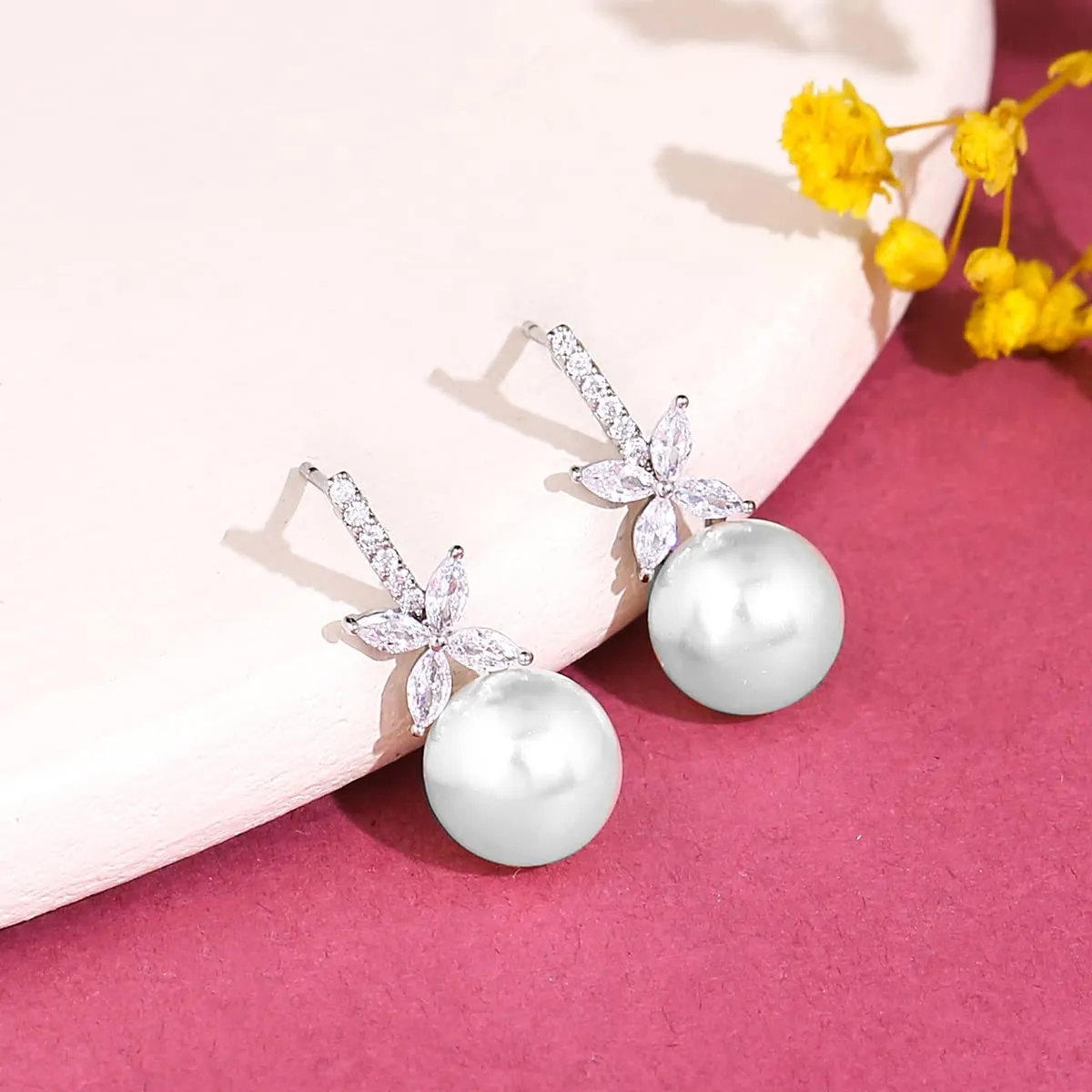 Yellow Chimes Earrings For Women Silver Toned Crystal Floral Designed Pearl Drop Earrings For Women and Girls